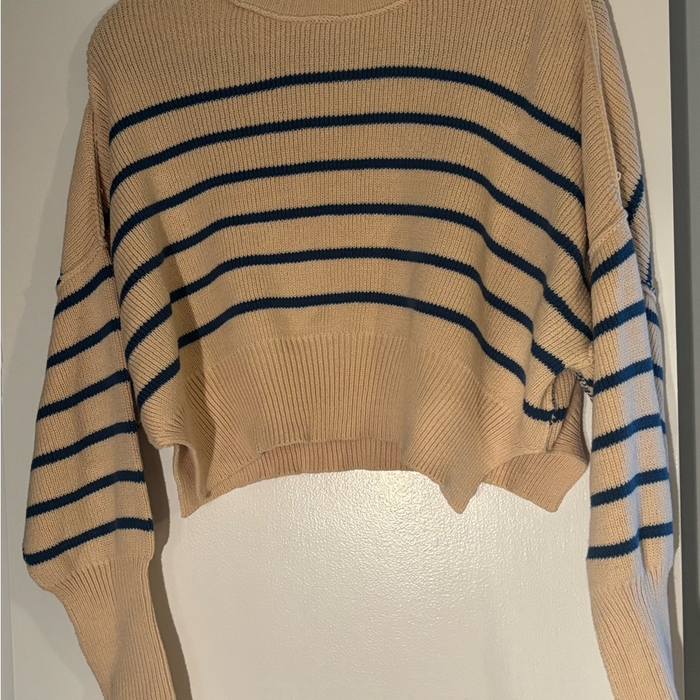 Carly Jean Los Angeles Cream and Blue Crew Neck Sweater